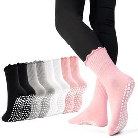 GRPSKCOS Pilates Socks with Grip 4 Pairs Non Slip Women Grip Socks for Yoga Barre Workout Home Hospital Size 5-8(#1 Black+White+Grey+Pink, 5-8)