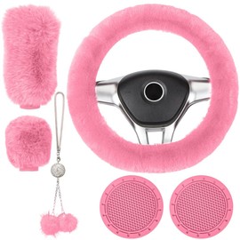 Crevyteg Pack of 6 Fluffy Steering Wheel Covers, Plush Winter Car Steering Wheel Cover, Elastic Steering Wheel Protective Cover, Car Accessories with Handbrake Cover, Plush Keyring and Coaster, Pink