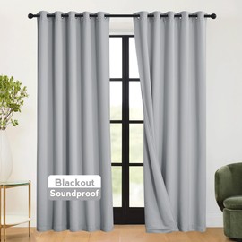 RYB HOME 3-in-1 Soundproof - Blackout - Energy Saving Curtains for Bedroom, Soundproof Blanket Curtains for Living Room Boy Nursery Patio Door, Silver Grey, W 62 x L 95 inches, 2 Panels