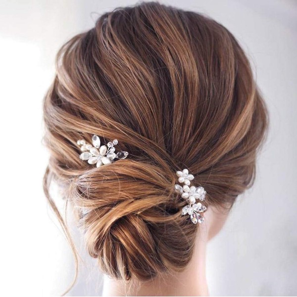 Catery Flower Wedding Bride Hair Pins Pearl Bridal Hair Pieces Crystal Hair Clips Silver Hair Accessories for Women Pack of 2 (Silver)