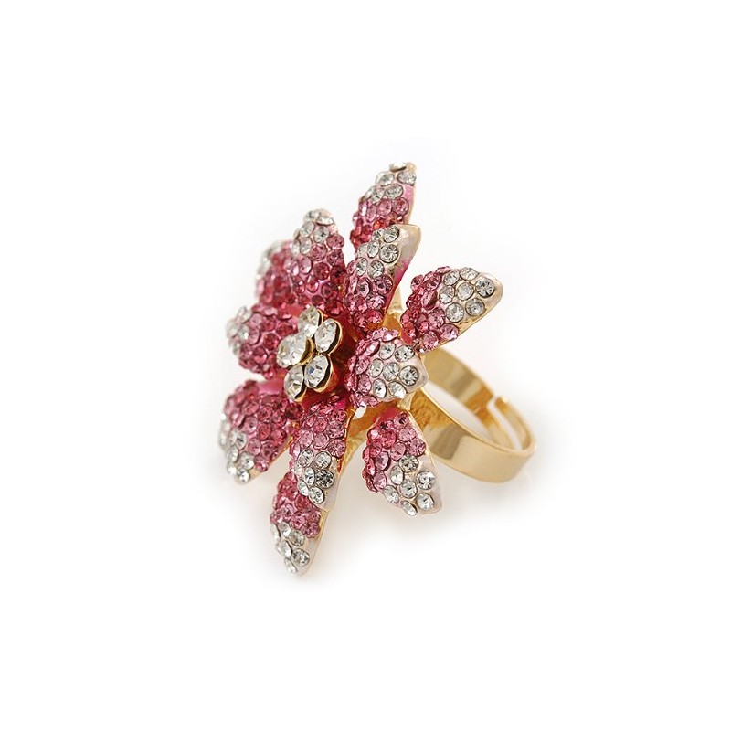 Avalaya Large Dimensional Clear/Pink Diamante Narcissus Cocktail Ring In Gold