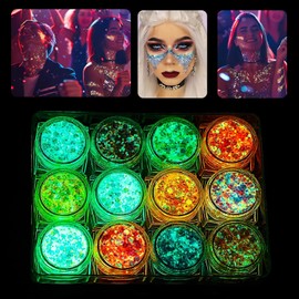 Gel de Purpurina Brillante, Brillo en la Oscuridad,12 Colores Luminosos, Autoadhesivo UV,Chunky Glitter para Cuerpo y Cara,Sombra de Ojos, Labios,... 