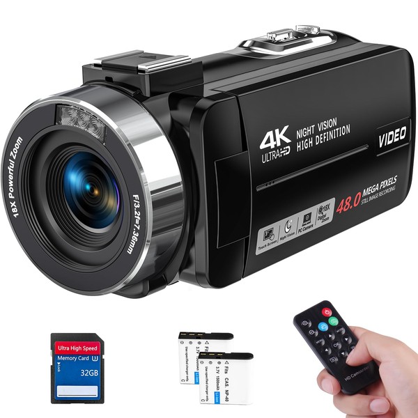Video Camera Camcorder 4K Ultra 48MP IR Night Vision Camcorder,18X Digital Zoom Camcorder Recorder 3" Rotation Touchscreen Vlogging Camera for YouTube with Remote Control,2 Batteries,32GB SD Card