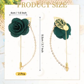 sourcing map 2Pcs Flower Lapel Stick Brooch Pin with Gold Leaf Brooch Satin Tassel Chain Dangling Handmade Boutonnieres Pins for Suit Collar Wedding Party, Dark Green