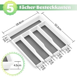 Homikit Cutlery Tray for Drawers, Plastic Cutlery Tray with 5 Compartments, Robust Drawer Insert for Kitchen/Office, Soft Handle Lining & Non-Slip Rubber Feet, 32.2 x 28.8 x 4.5 cm, White & Grey