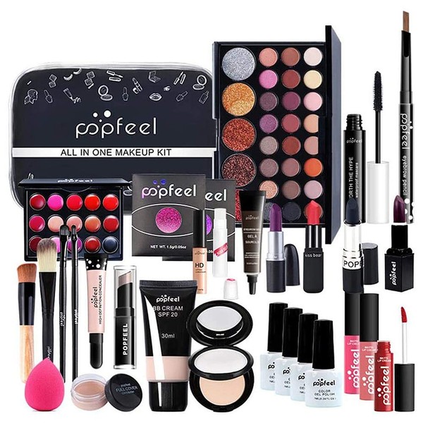 Make Up Set, Cosmetics Make-Up Case, Make-Up Essential Starter Kit with Lip Gloss, Eyeshadow Palette, Lipstick, Concealer, Makeup Gift Set for Women and Girls