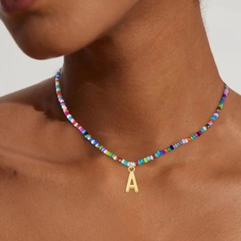 HONGXUNJIE HXJ Colorful Beaded Initial Necklaces for Girls Gifts, Choker Necklace for Women, Gold Plated Name Letter Necklaces for Girls, Women, Teen and Preteen Gifts