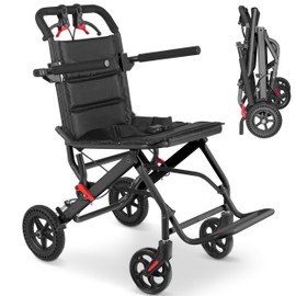 DOMSCIEN Ultra-Lightweight Portable Transport Wheelchair Foldable Travel Wheelchairs with Handbrake for Adults and Seniors（Black）