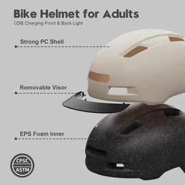Shinmax Casco de Bicicleta para Hombres y Mujeres, Casco de Bicicleta con Luces LED Recargables USB Delanteras y Traseras, Casco de Bicicleta con Visera Ajustable y Extraíble para Viajeros Urbanos