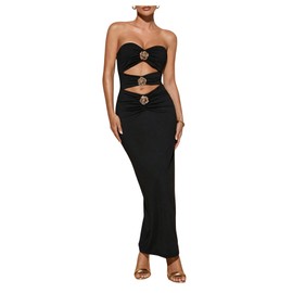 Milumia Women's Metal Flower Cut Out Strapless Tube Top Dress Sleeveless Bodycon Maxi Dresses Wedding Party Cocktail