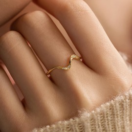 KIFUTENG Wave Ring, 925 Sterling Silver Ocean Wave Rings For Women With AAA Grade Cubic Zirconia Ideal Minimalism Nature Jewelry Gifts To My Daughter Wife Mother US Size 6-9 (Gold, 10)