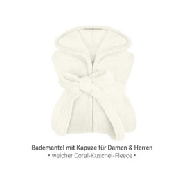 npluseins Extra Soft Hooded Bathrobe Made of Cuddly Fleece, Available in Modern Colours and Various Sizes, Unisex, Calf Length, White