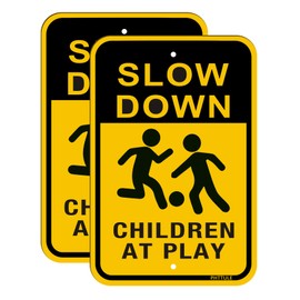 PHTTULE Slow Down Sign Children at Play Sign 2-Pack, 18" x 12" Kids Playing Aluminum Safety Caution Signs, Children Sign for Street, Lawn Neighborhoods