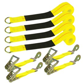 VULCAN Economy Car Tie Down Kit with 4 Lasso Straps, 4 Snap Hook Ratchets, and 4 Free 36 Inch Axle Straps - 3,300 Pound Safe Working Load