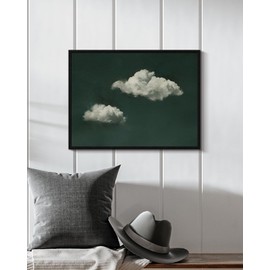 Vintage Black Framed Canvas Wall Art 12x16 Dark Blue Moody Cloud Painting, Abstract Minimalist Surreal Art Zen Sky Canvas Print, White Clouds Nature Home Artwork Bedroom Bathroom Decor