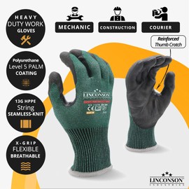 LINCONSON 3 Pack Level 5 Cut Resistant Safety Performance Series Construction Mechanic PU Work Gloves Thumb Double Reinforced