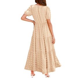 BTFBM Women's 2024 Casual Maxi Dresses Puff Short Sleeve Swiss Dot Tiered Flowy Long Dress Summer Spring Resort Dresses(Swiss Dot Beige, Medium)