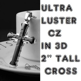 Fashion Jewelry FAITH PRAY CROSS BLACK Pendant DIAMOND Cut 925 Sterling Silver 24" Necklace Men