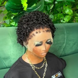 PangDongLai Pixie Cut Curly Human Hair Wigs With Curly Baby Hair 13x1 Lace Frontal Wigs For Women Short Layered bob Lace Wigs Kinky Edges Real Natural Hairline Natural Black Color for Summer Daily Use