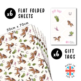 Cowgirl Wrapping Paper - 6 Sheets Of Cowboy Gift Wrap For Her - Cowgirl Horse Cactus Scorpion - Wild West - Comes With Stickers - Recyclable - By Central 23
