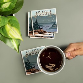 Acadia National Park, Maine, Lithograph (Absorbent Ceramic Coasters Set of 4 Matching Images, Cork Back, Kitchen Table Decor)