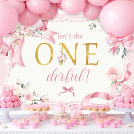 LIGHTINHOME Isn't She Onederful Backdrop 7Wx5H Feet Sweet One Pink Floral Bow Newborn Baby Girl First Birthday Photography Background 1st Birthday Party Decorations Photo Booth Studio Prop Fabric