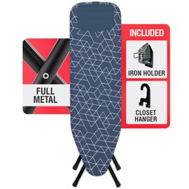 Xabitat Full Size Ironing Board 57" X 13" with Wall Mount Hanger, Full Metal Construction Iron Board, Built in Iron Caddy, Heat & Scorch Resistant Fabric, Cord Holder, Anti-Skid Feet, Heavy Duty