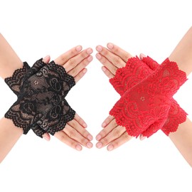 Yolev 2 Pairs Short Lace Gloves for Women Fingerless Gloves Ladies Bridal Wedding Prom Tea Party Bridal Gloves 1920s Wedding Accessories, black, red