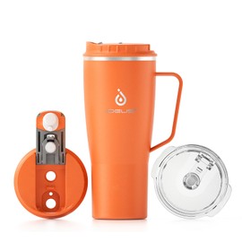 Ideus Insulated Tumbler, 32oz Stainless Steel Double Walled Travel Tumbler with Handle and Straw Lid for Cold & Hot Beverages (Orange)