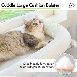 Zoratoo Cat Window Sill Perch with Large Bolster, Easy to Adjust & Assemble Cat Window Seat for Windowsill & Bedside, Cat Hammock Bed for Large Cats and Kittens (White, L)