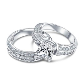 Personalize 3CT Art Deco Style Blue Square Princess Cut Solitaire Clear AAA CZ Engagement Anniversary Wedding Ring Set .925 Sterling Silver Customizable