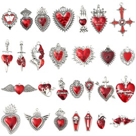 Stiesy 28Pcs Mixed Styles Gothic Heart Charms Red Heart with Sword Crown Enamel Charm Pendant Antique Silver Cross Sacred Heart Metal Charms for Jewellery Making Bracelet Crafting Necklaces Present