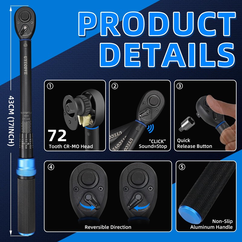 UYECOVE 3/8-Inch Drive Click Torque Wrench, Dual-Direction Click Professional Torque