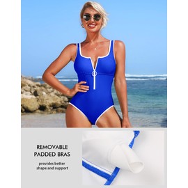 Charmo Women's One Piece Swimsuit Zipper Front Tummy Control Bathing Suits Square Round Neck Swimwear Blue