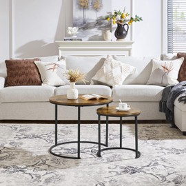 Topeakmart Industrial Round Nesting Coffee Table Set of 2, Circle Coffee Table Nested Sets Sturdy Stacking Table for Living Room Small Spaces Office, Easy Assemble, Rustic Brown