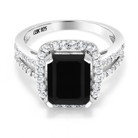 Gem Stone King 925 Sterling Silver Black Onyx Engagement Ring For Women (3.75 Cttw, Emerald Cut 10X8MM, Gemstone Birthstone, Available in size 5, 6, 7, 8, 9)