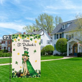 Heyfibro Happy St. Patrick's Day Garden Flag 12x18 Double Sided Burlap, Golden Retriever Dog Garden Flags Luckly Shamrock Gold Coin Banner for Spring Holiday Farmhouse Yard Outdoor Decor(ONLY FLAG)