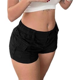 IWOLLENCE Women's Cotton Cargo Shorts Hot Pants Summer Jeans Shorts with Elastic Waistband and 2 Pockets, black, M
