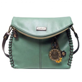 Chala Charming Teal Crossbody Bag With Flap Top and Zipper or Shoulder Handbag (Metal Sunflower)
