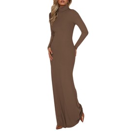 BTFBM Womens Dresses Fall 2025 Long Sleeve Turtle Neck Trendy Long Tight Knit Maxi Dress Wedding Guest Party Casual(Brown, XX-Large)