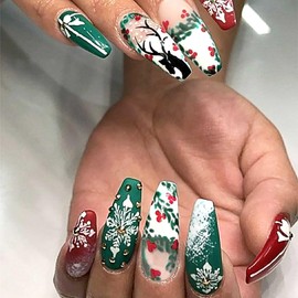 Rilafuvu Press on Nails Medium Coffin Christmas Fake Nails with snowflake Design Red Green Tree False Nails Rhinestones Artificial Nails Wreath Acrylic Nails Winter Glue on Nails Rhinestones 24Pcs