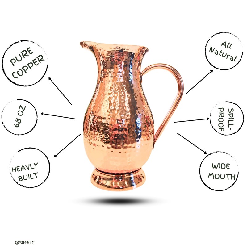 100% Pure Copper Pitcher 70 Ounces | Handmade Hammered Large