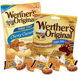 Werther's Original Sugar Free Chewy Caramels and Chocolate Caramel Hard Candies Bundle, Shareable Bag with individually Wrapped Candies for Goodie Bags, Packo f 2, 2.3 Ounces Each