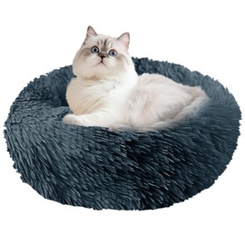 NAKIHOUSE Dog Bed Cat Bed, Round Plush Pet Bed, Soft, Warm & Washable Dog/Cat Cushion with Non-Slip Bottom for Indoor Puppy & Kitten, 50 cm, Dark Grey