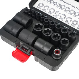 BILITOOLS External Torx Plus Socket Set, 6 Point EP4-EP8, EP10-12, EP14, EP16, EP18, EP20, EP22, EP24, EP26, EP28, EP30, EP32 with 1/2'' 3/8'' 1/4'' Dr, 19PCS External Star Socket for Cars