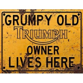 BigBazza Vintage Rustic Advertising Retro Wall Tin Plaque 20x15cm - Pub Shed Bar Man Cave Home Garage Kitchen Gift Metal Sign - Grumpy Old inspired TRIUMPH Owner Lives Here, yellow