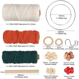 UHAPEER DIY Macrame Kit, 656 Feet Macrame Cord Kit for Beginners Adults with Instructions, Natural Cotton, Wood Rings, Wood Sticks, Colour Beads, Wall Hanging Plant Hanger Kit for Home Room Decor