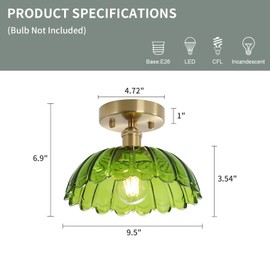 XIYOUVE 2 Pack 9.5 Inch Semi Flush Mount Ceiling Light, Flower Green Glass Close to Ceiling Light, Golden Modern Lighting, for Entryway Hallway Bathroom, E26 Socket (Bulbs Not Included), ETL Listed