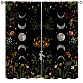 SENRUEGT Moon Flower Curtains,Retro Mushroom Boho Botanical Flowers Moon Phase Stars Room Darkening Windows Treatments Drapes for Bedroom Living Room Home Decor 42x63in