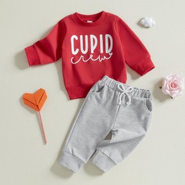 Toddler Boy Valentines Day Outfit Letter Print Crewneck Sweatshirt Tops Pants Cute Valentines Day Baby Boy Outfit Clothes (A-Red Gray,2-3T)